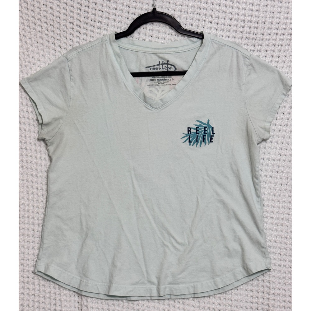 Reel Life V-Neck T-Shirt Womens Large Teal Green Tropical Palm Graphic Tee
